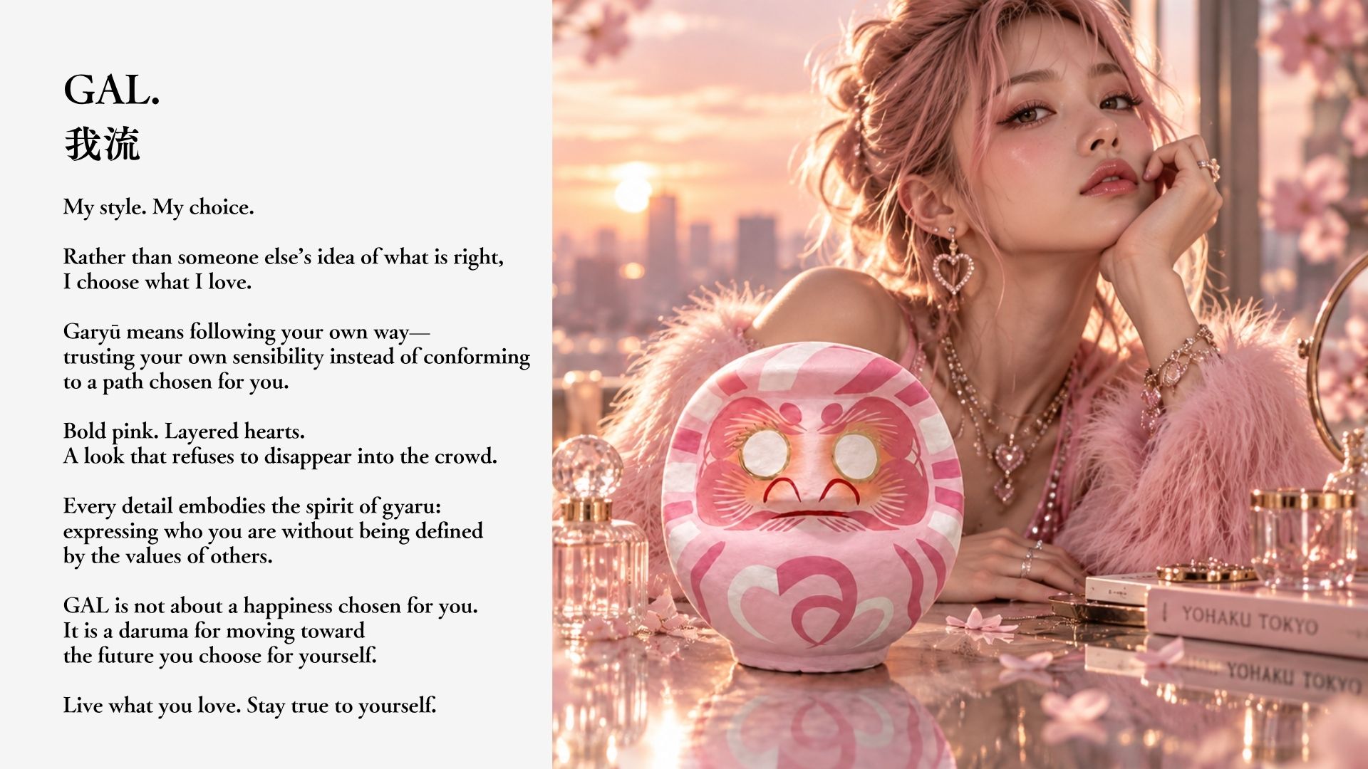 A woman beside a pink daruma with Tokyo Tower behind her — the world of GAL