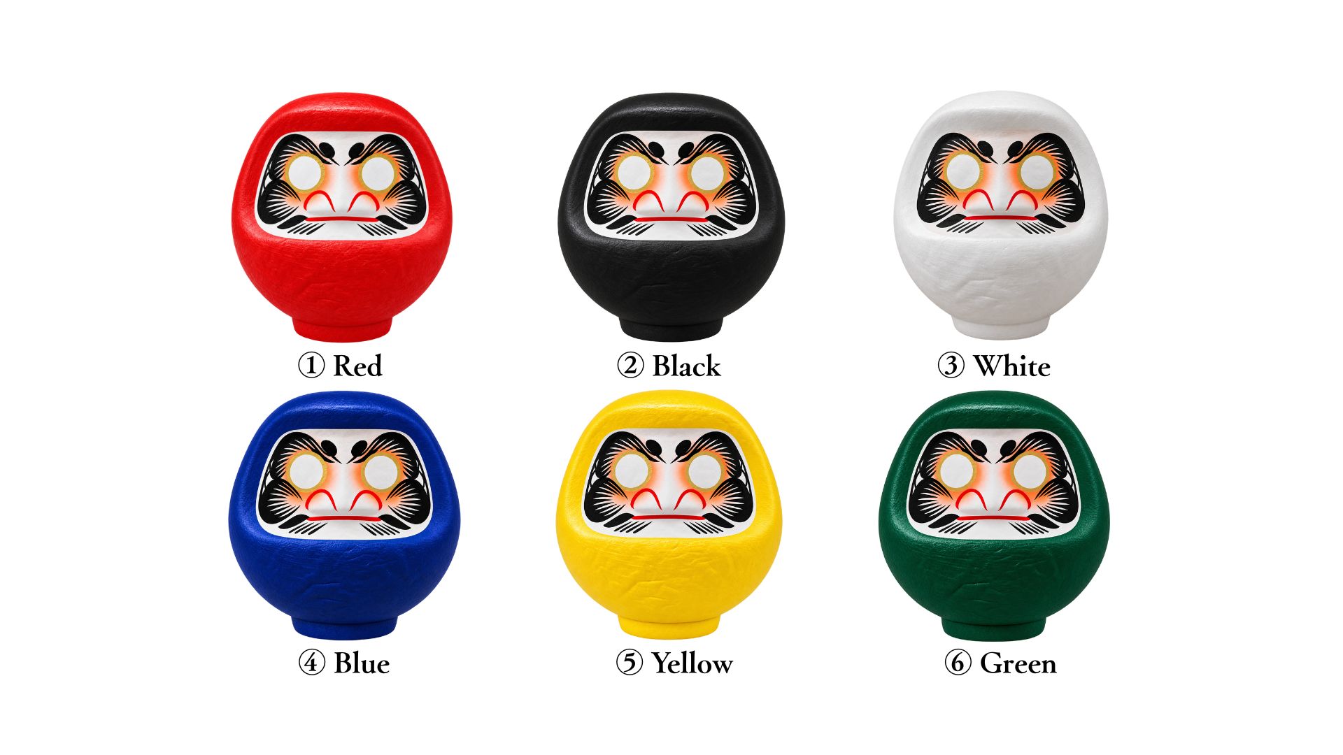 Six daruma body color samples: red, black, white, blue, yellow, green