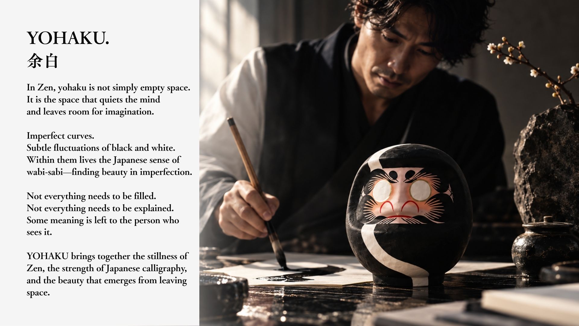 A black daruma beside a calligrapher at work — the world of YOHAKU