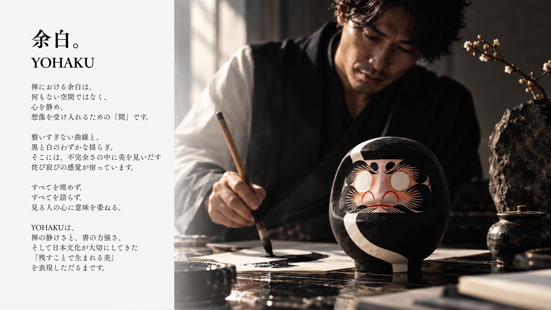 職人が筆で書を書く傍らに置かれた黒いだるま——YOHAKUの世界観