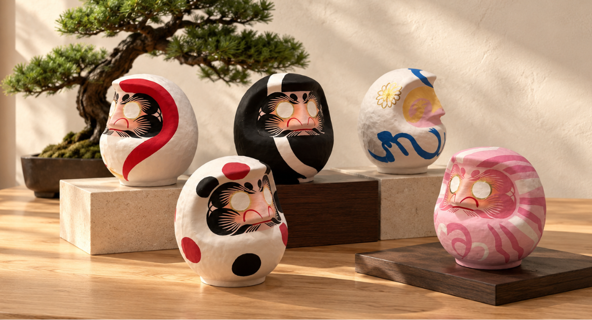 盆栽とともに飾られたYOHΛKU TOKYOのだるま